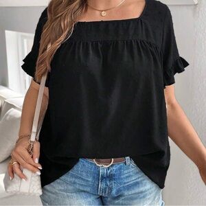 Free flowing, black square neck with puff sleeves women’s top size one 1XL